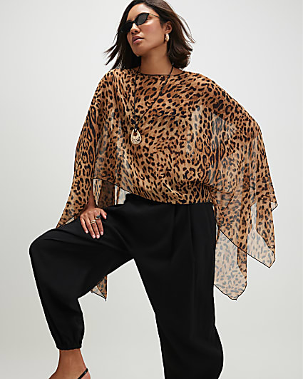Brown Chiffon Animal Print Waterfall Cape