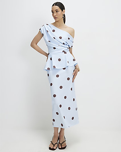 Blue Peplum Polka Dot Midi Dress