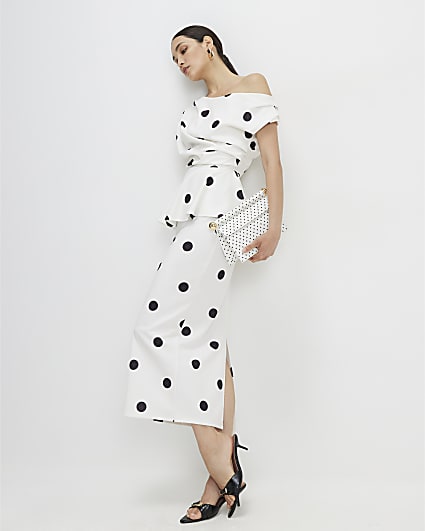 White Peplum Polka Dot Midi Dress