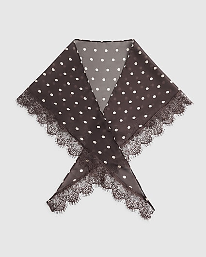 Brown Polka Dot Lace Trim Scarf