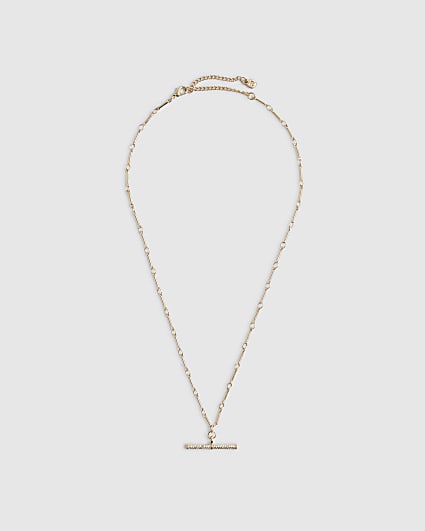 Gold Diamond Simulant T Bar Pendant Necklace