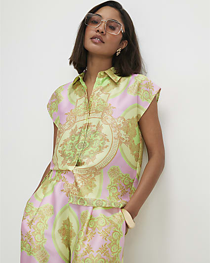 Yellow Satin Paisley Print Short Sleeve Shirt