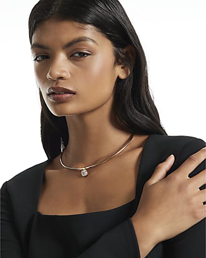 Gold Diamond Simulant Drop Torque Necklace