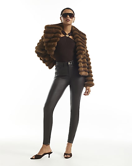 Brown Mid Rise Skinny Molly Coated Jeans