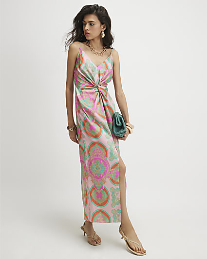 Pink Twist Front Printed Slip Maxi Dress