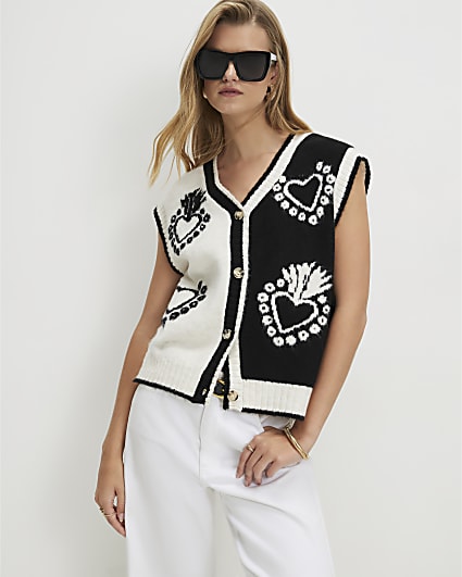 Black Monochrome Knitted Heart Waistcoat