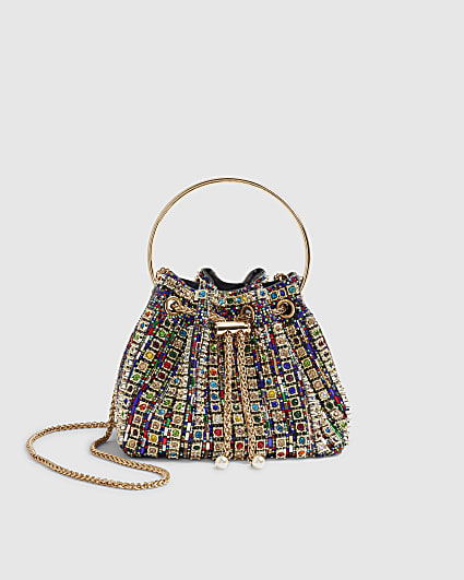 Gold Multicoloured Gem Bucket Clutch Bag