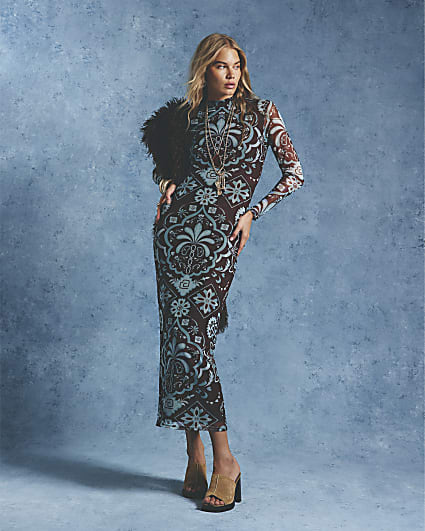 Brown Mesh Boutique Print Maxi Dress
