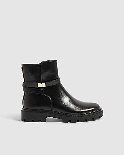 Black Faux Leather Lock Ankle Chunky Boots