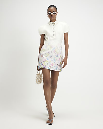 Cream Split Sleeve Floral Mini Dress
