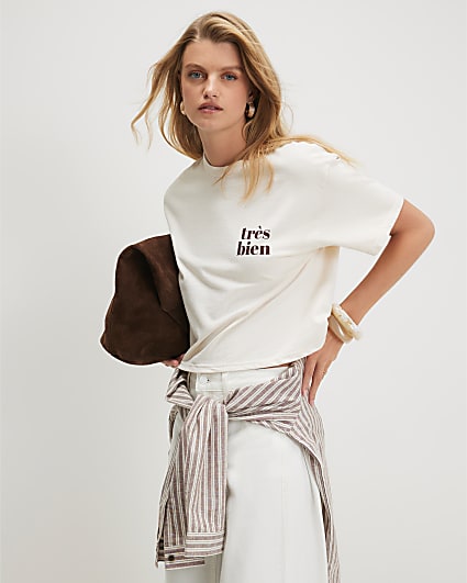 Cream Cotton Tres Bien Boxy T-Shirt