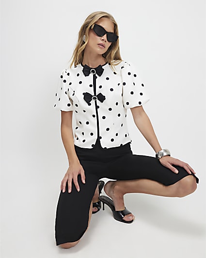 Cream Polka Dot Bow Front Top