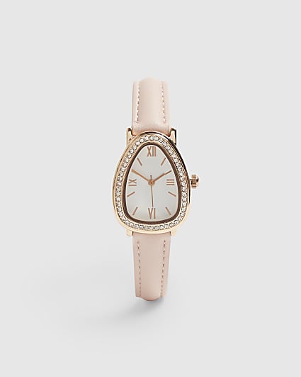 Pink Faux Leather Strap Rhinestone Watch