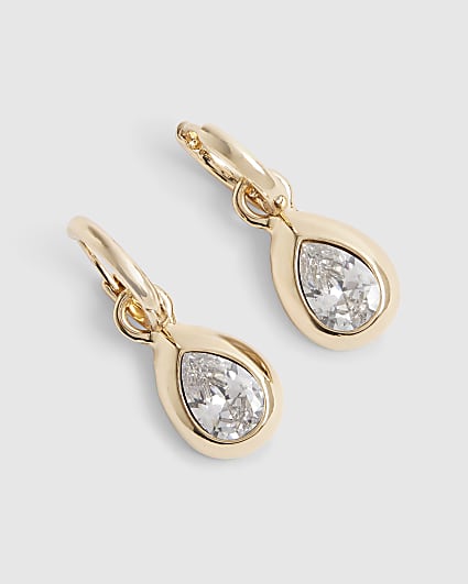 Gold Diamond Simulant Tear Drop Earrings