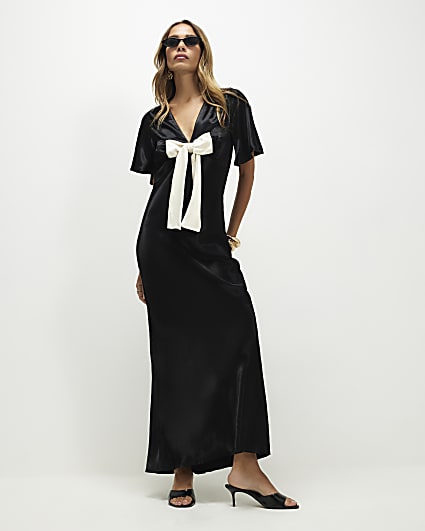 Black Satin Bow Detail Maxi Dress