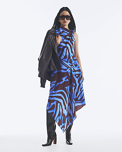 Blue Satin Zebra Print Midi Dress