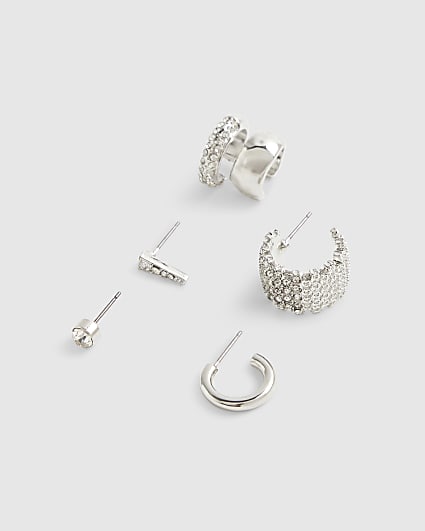 Silver Rhinestone Hoop and Cuff Earrings Set