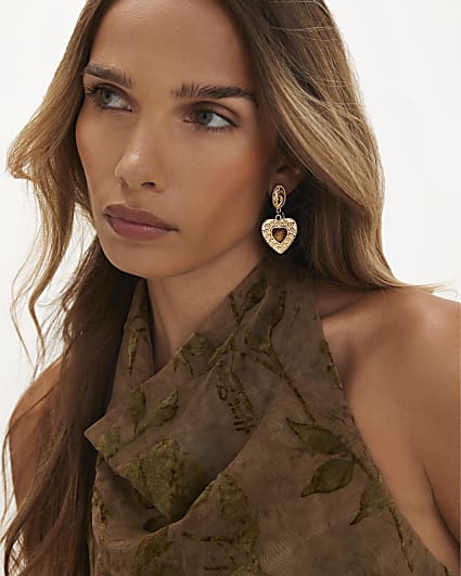 Gold Heart Resin Drop Earrings