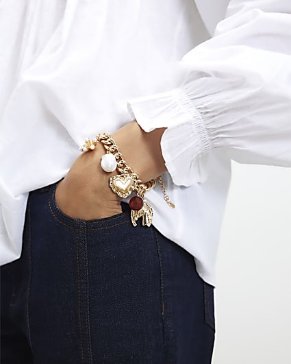 Gold Heart And Pearl Charm Bracelet
