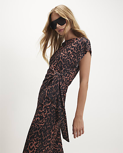 Brown Leopard Textured Tie Side Top