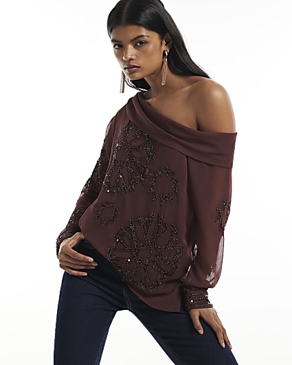 Red Long Sleeve Embellished Off Shoulder Top