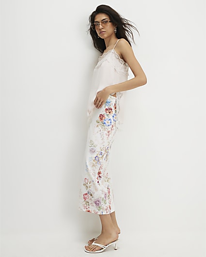 Cream Floral Print Midi Skirt