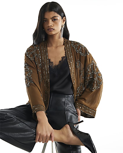 Khaki Embellished Kimono