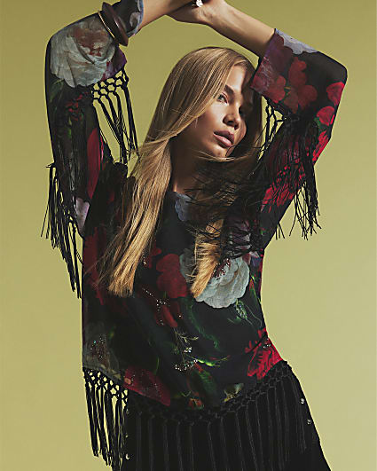Black Floral Long Sleeve Fringed Top