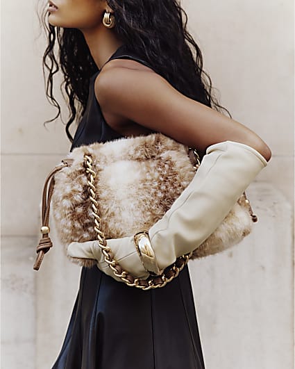 Beige Deer Print Faux Fur Clutch Bag