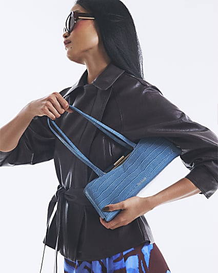 Blue Croc Print Metal Frame Shoulder Bag