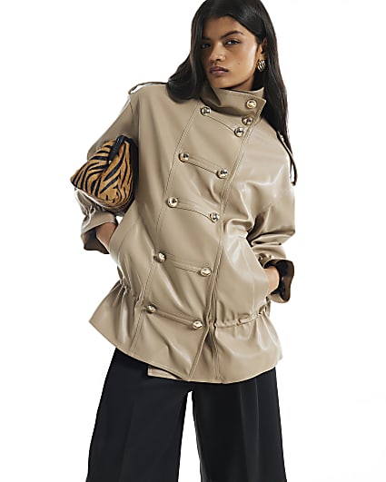 Beige Faux Leather Frogging Funnel Jacket