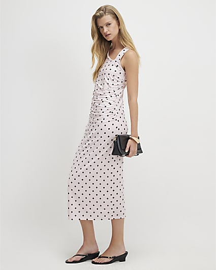 Pink Spot Print Asymmetric Neck Midi Dress