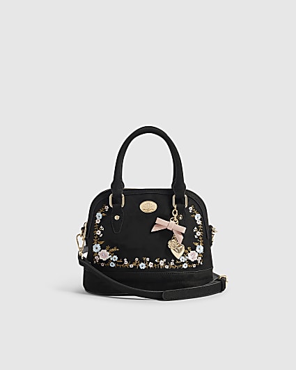 Black Floral Embroidered Faux Suede Bag