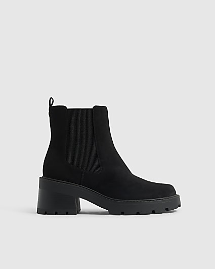 Black Faux Suede Cleated Sole Chelsea Boots