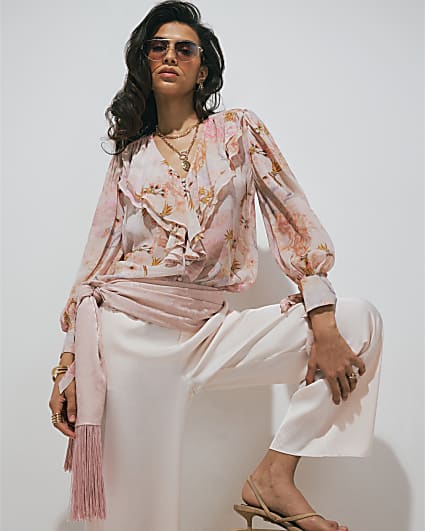 Pink Floral Swan Ruffle Blouse