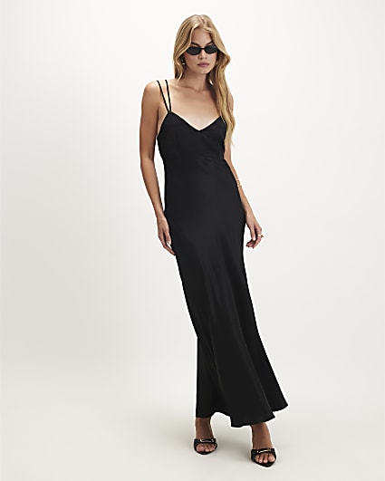 Black Strappy Satin Maxi Dress
