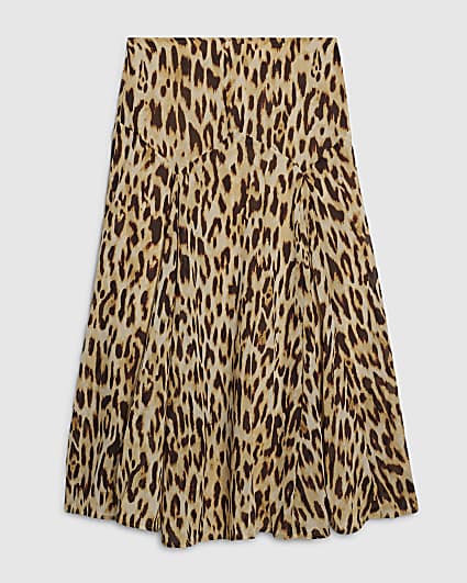 Petite Brown Leopard Print Godet Midi Skirt