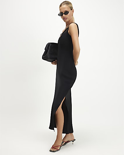 Black Lace Trim Satin Midi Slip Dress