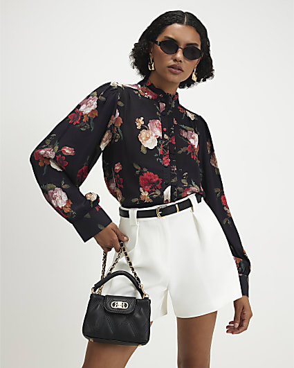 Black Long Sleeve Floral Ruffle Blouse