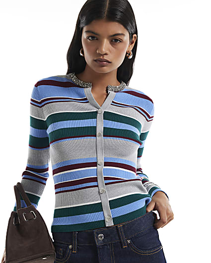 Blue Embellished Stripe Knit Top