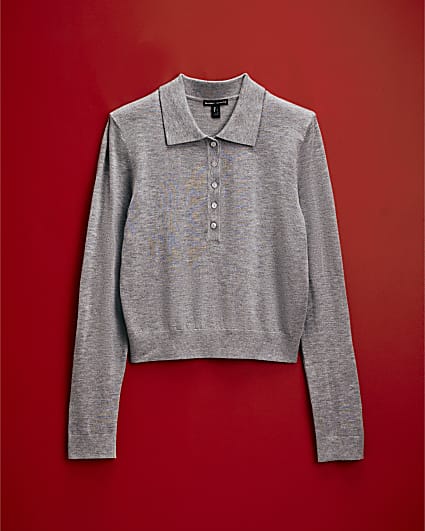 Grey Knit Shoulder Pad Polo Top