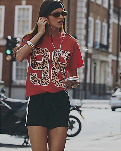 Red Cotton 98 Leopard Print Boyfriend T-shirt