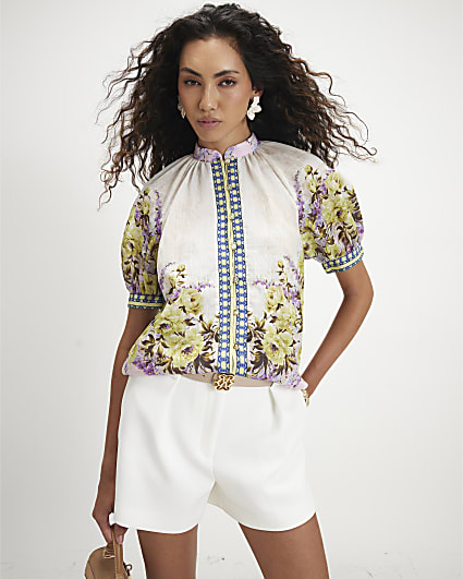 Cream Floral Puff Sleeve Blouse