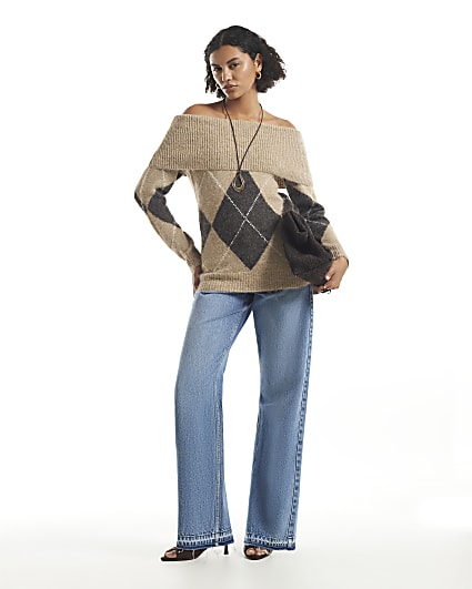 Beige Argyle Knit Bardot Jumper