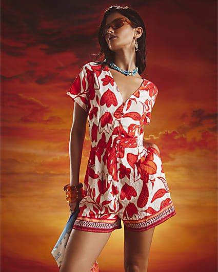 Red Floral Playsuit