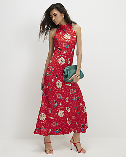 Red Satin Abstract Print Maxi Slip Dress