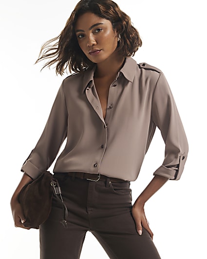 Beige Turnback Sleeve Shirt