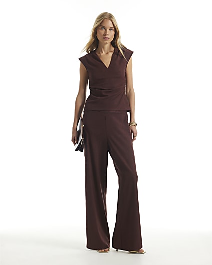 Burgundy Textured Wide Leg Trousers