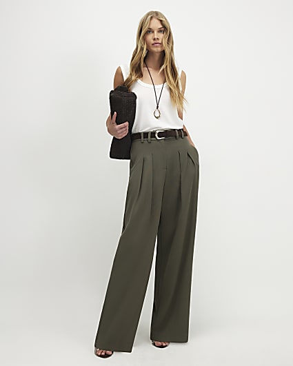 Khaki Pique Wide Leg Trousers