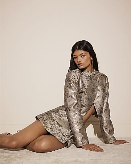 Gold High Neck Jacquard Jacket